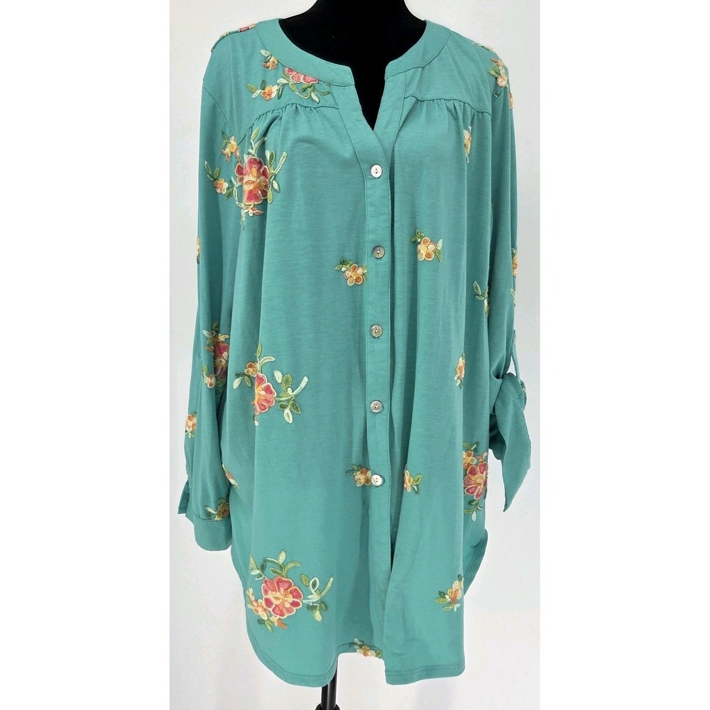 Fig & Flower Women Floral Embroidered Top S Green Boho Cottagecore Beachy